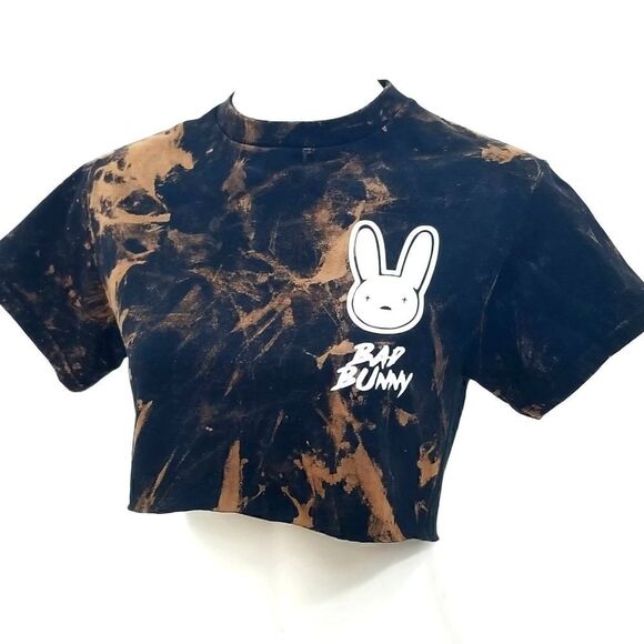 Bad Bunny Acid Washed, Distressed "Cropped" Crop Top Reggaeton Band Tee Rock Tee - Picture 3 of 6